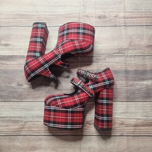 Dolls Kill Current Mood “Hate to Love” Red Plaid Platform Mary Janes